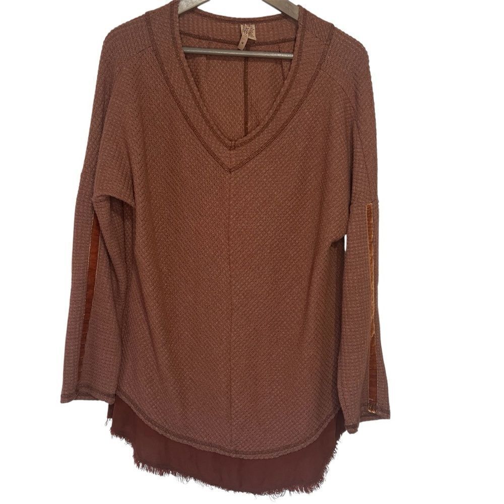 XCVI  Waffle-Knit Lagenlook Tunic Top Velvet Trim size Medium Orange V-Neck